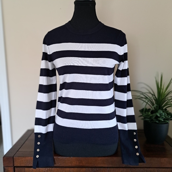 Nautica Jeans Striped Sweater Women's XS Navy Blue White Stripe Lightweight Knit - Picture 1 of 13